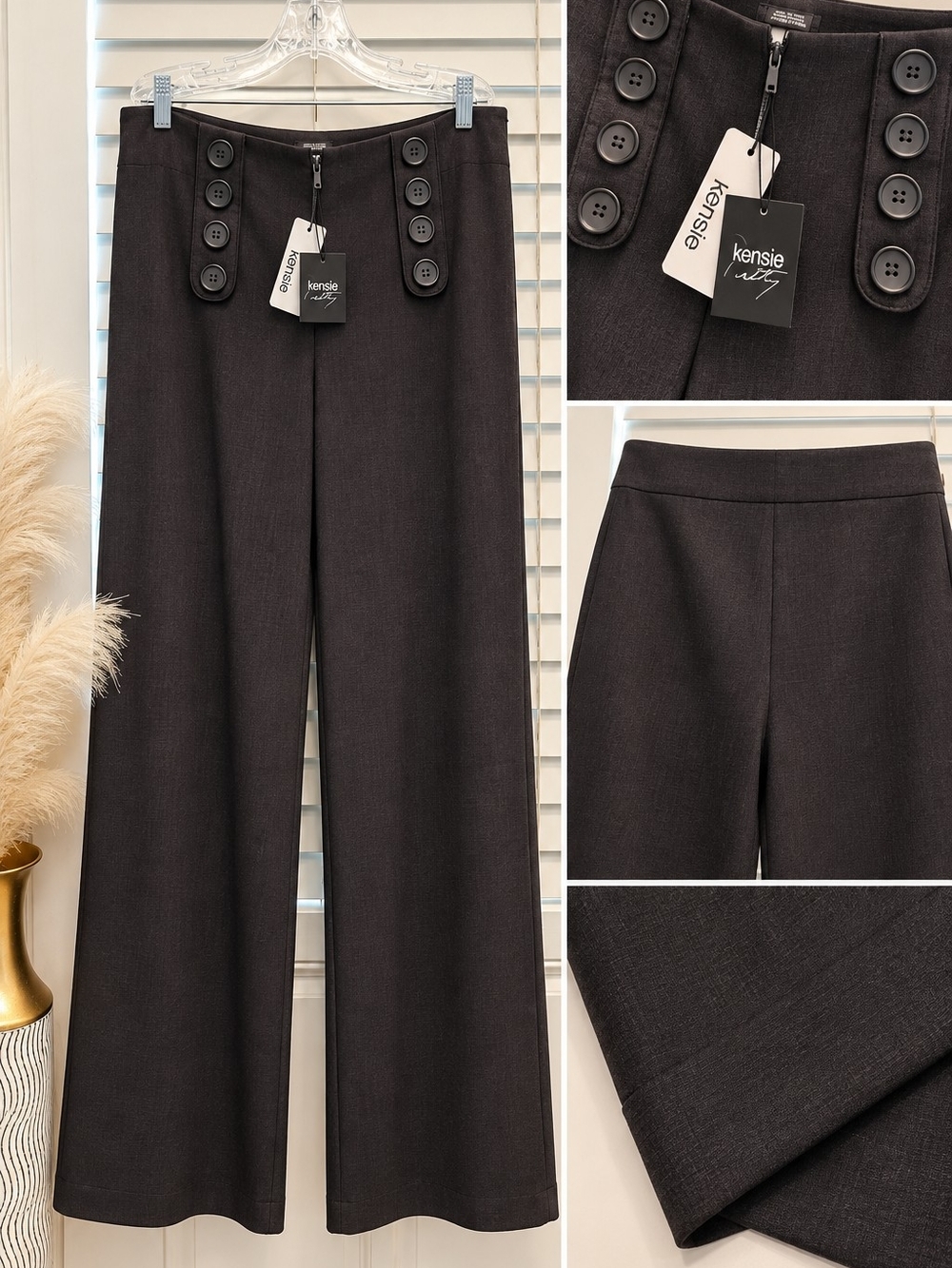 kensie Gray Wide-Leg Sailor Button Detail Pants